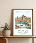 Panoramic Prague City Wall Art print featuring city name and coordinate text