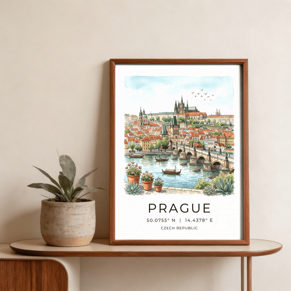 Panoramic Prague City Wall Art print featuring city name and coordinate text
