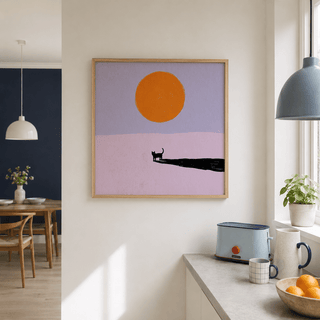 Close-up view of Minimalist Cat Art Print featuring black cat figure with curved tail and painted shadow beneath a sun shape