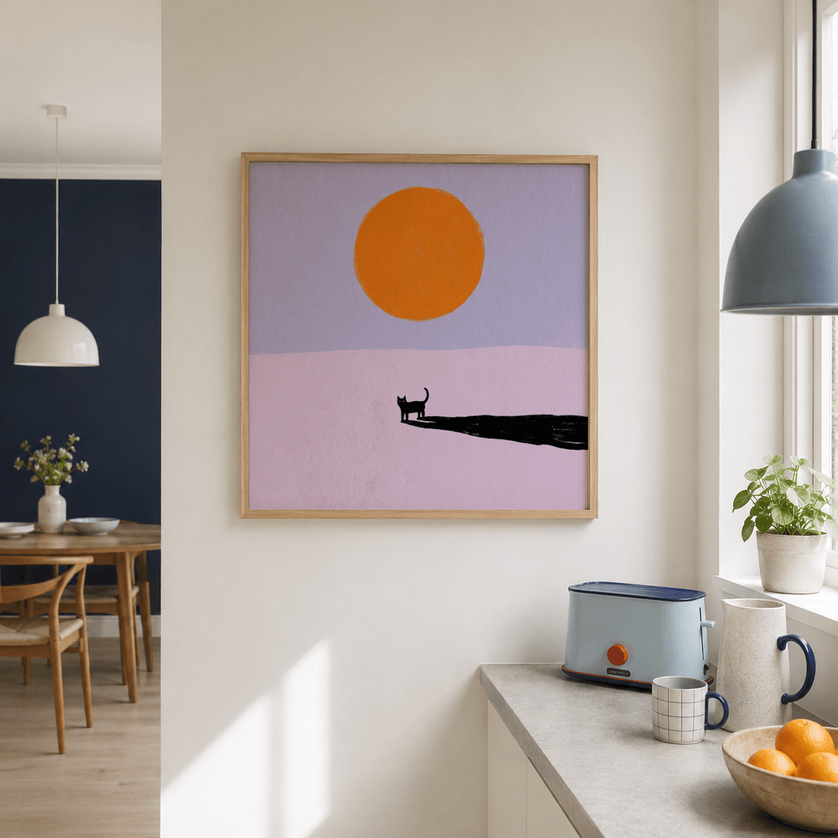 Close-up view of Minimalist Cat Art Print featuring black cat figure with curved tail and painted shadow beneath a sun shape