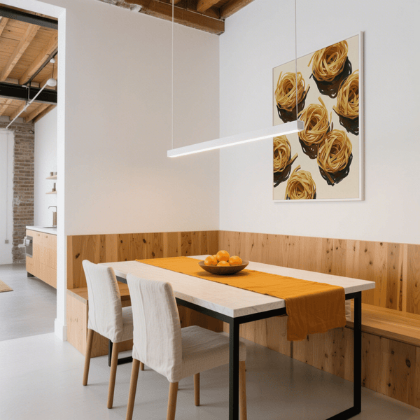 Bright breakfast nook with Fettuccine Print wall art, beige and yellow palette