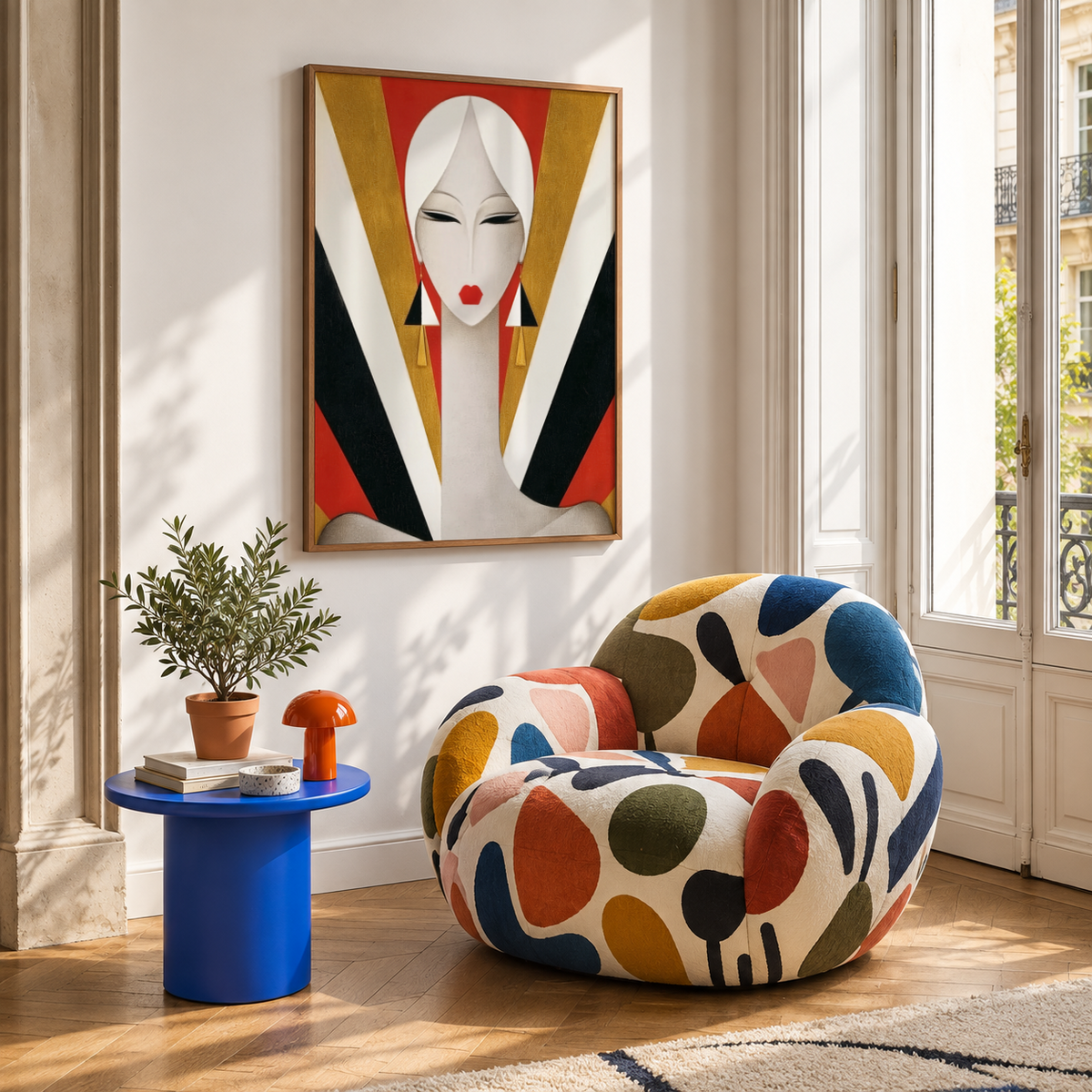 Angled display of Art Deco Woman Portrait Print showing central motif and sharp V bands