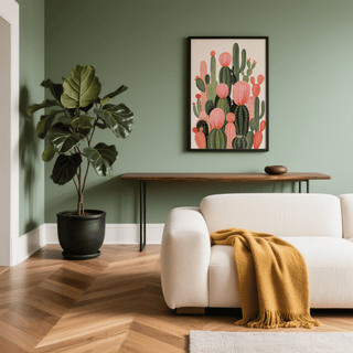 Cactus Print with vibrant green and orange for entryway art print