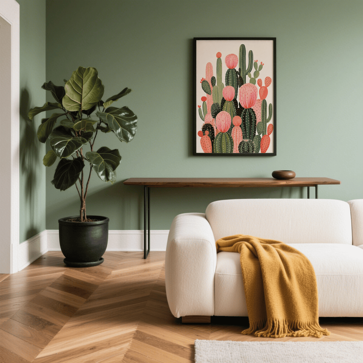 Cactus Print with vibrant green and orange for entryway art print