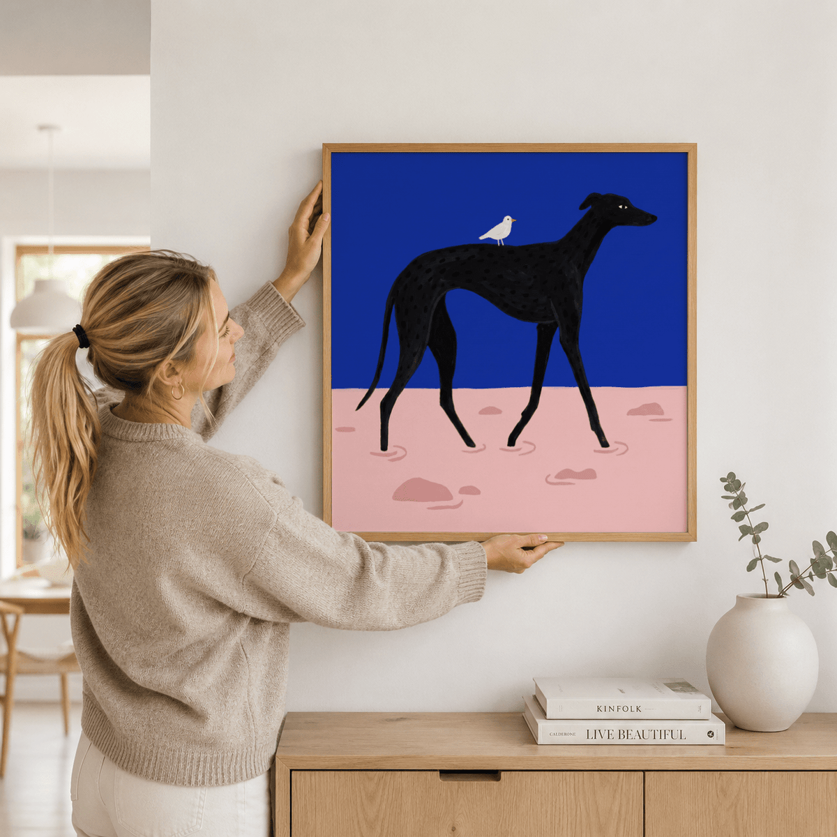 Framed Abstract Black Dog Poster in modern hallway mockup
