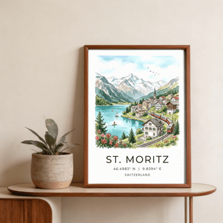 Panoramic Swiss Landscape Art Print of snowy peaks over a turquoise lake with boats