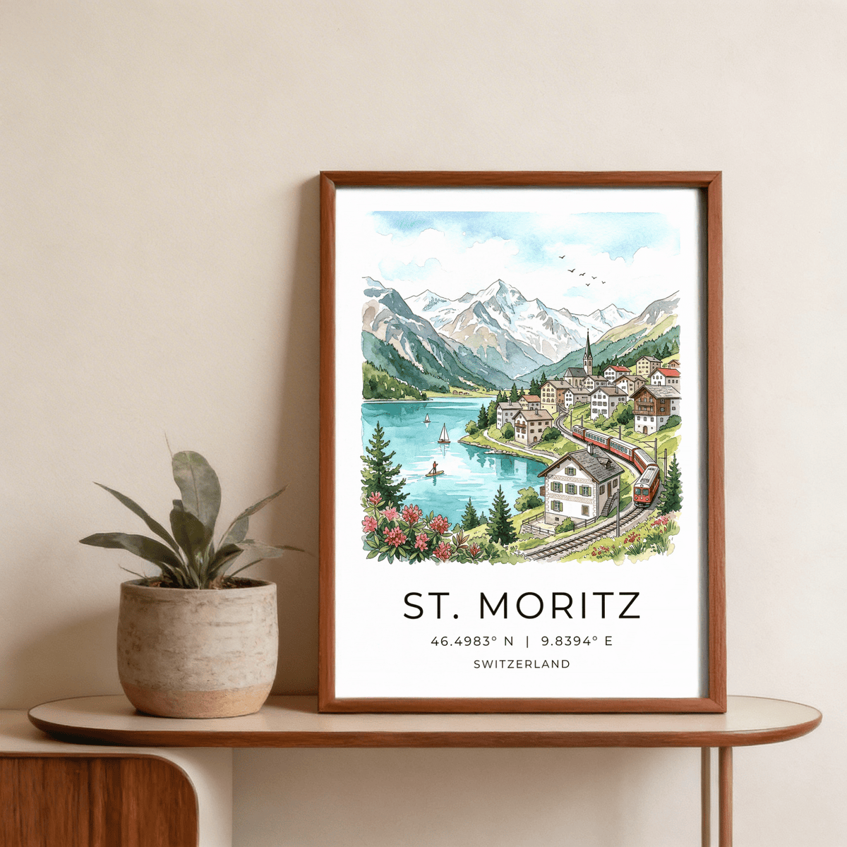Panoramic Swiss Landscape Art Print of snowy peaks over a turquoise lake with boats