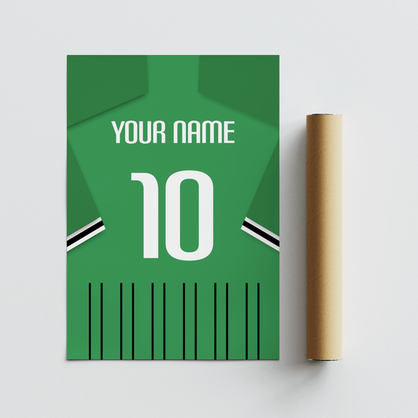 Flat lay of unframed Sassuolo Football Shirt Poster in green black and white