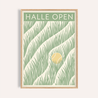 Tennis Grass Art Print with diagonal lawn stripes and tennis ball motif