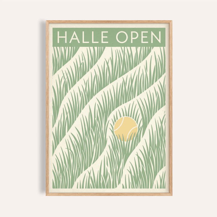Tennis Grass Art Print with diagonal lawn stripes and tennis ball motif
