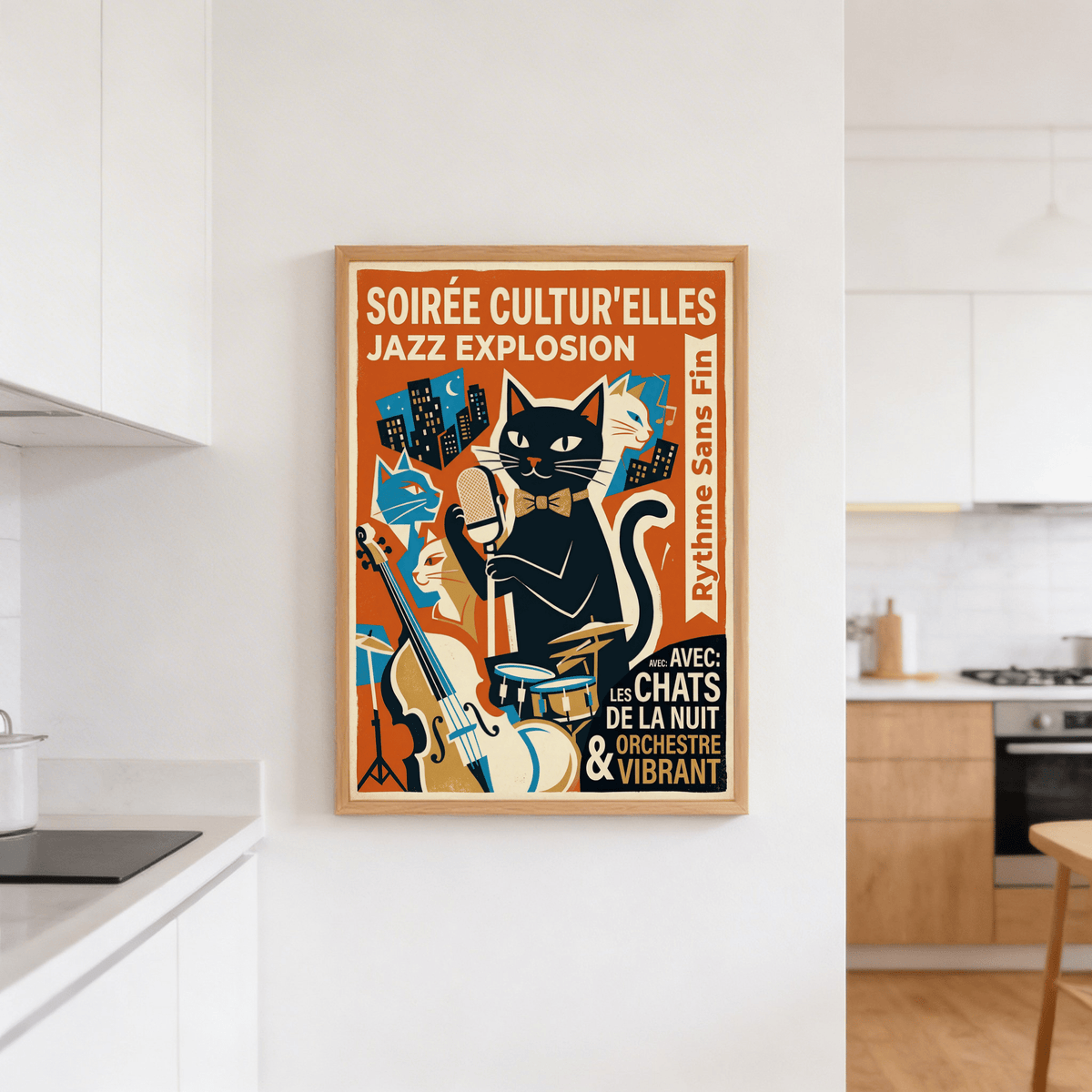 Drum kit and microphone section of retro jazz cats artwork