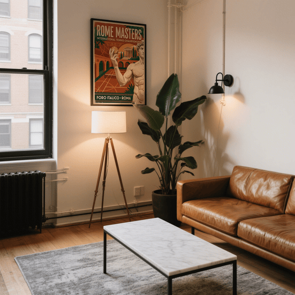 Graphic tennis poster wall art with bold headline typography and layered perspective court lines