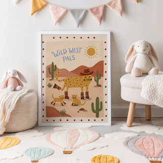Cute western animal wall art featuring cheetah in hat and boots with cubs in a desert scene