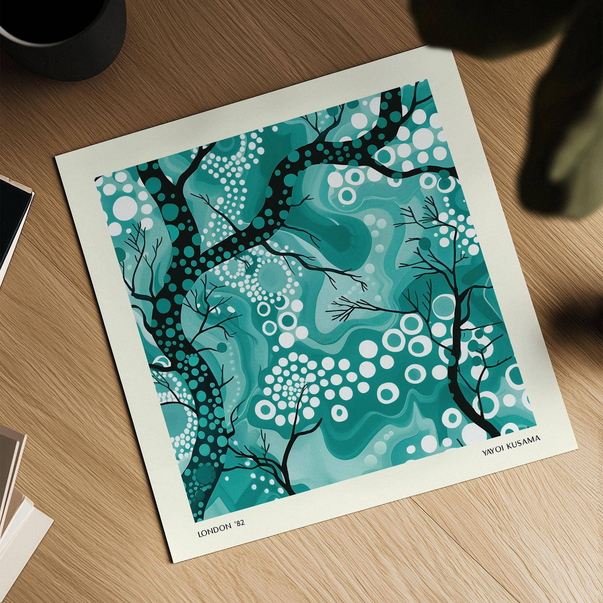 Contemporary teal abstract wall art with serene branch motif for office