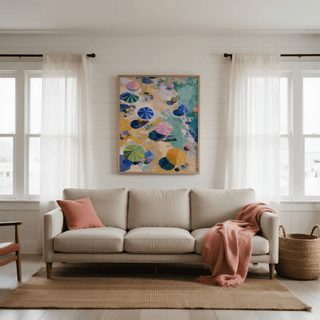 Bright Beach Umbrellas Print living room decor in Blue, Beige, and Pink