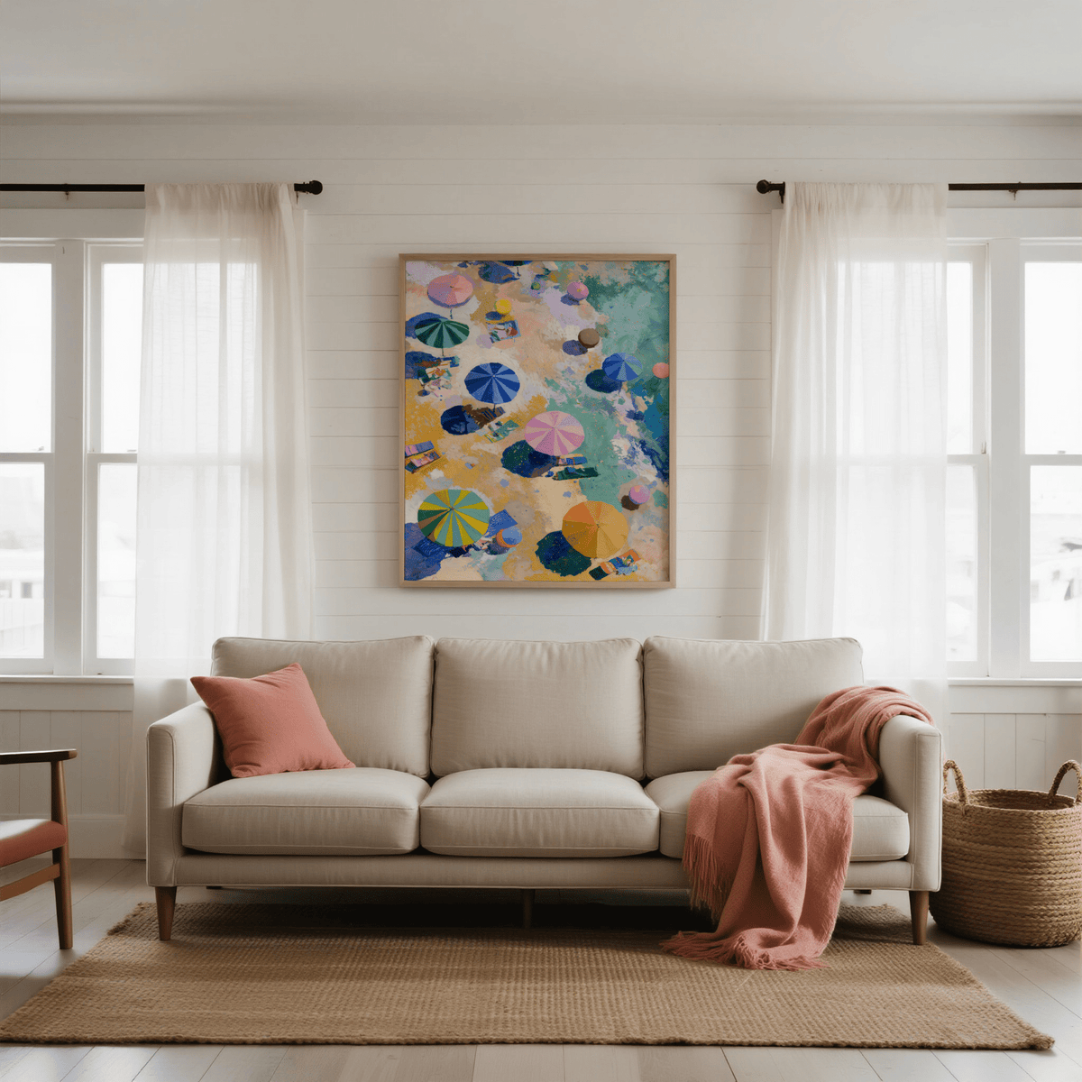 Bright Beach Umbrellas Print living room decor in Blue, Beige, and Pink