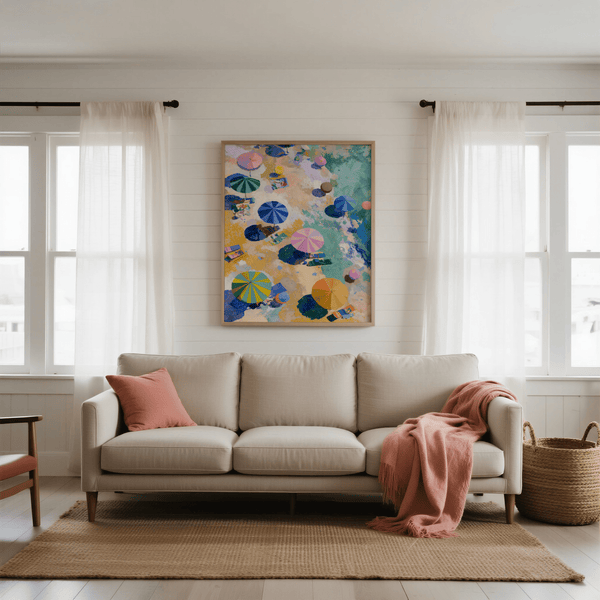 Bright Beach Umbrellas Print living room decor in Blue, Beige, and Pink