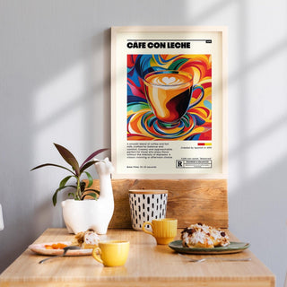 Vibrant coffee wall art showcasing a steaming cafe con leche in a glass mug.