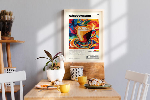 Vibrant coffee wall art showcasing a steaming cafe con leche in a glass mug.