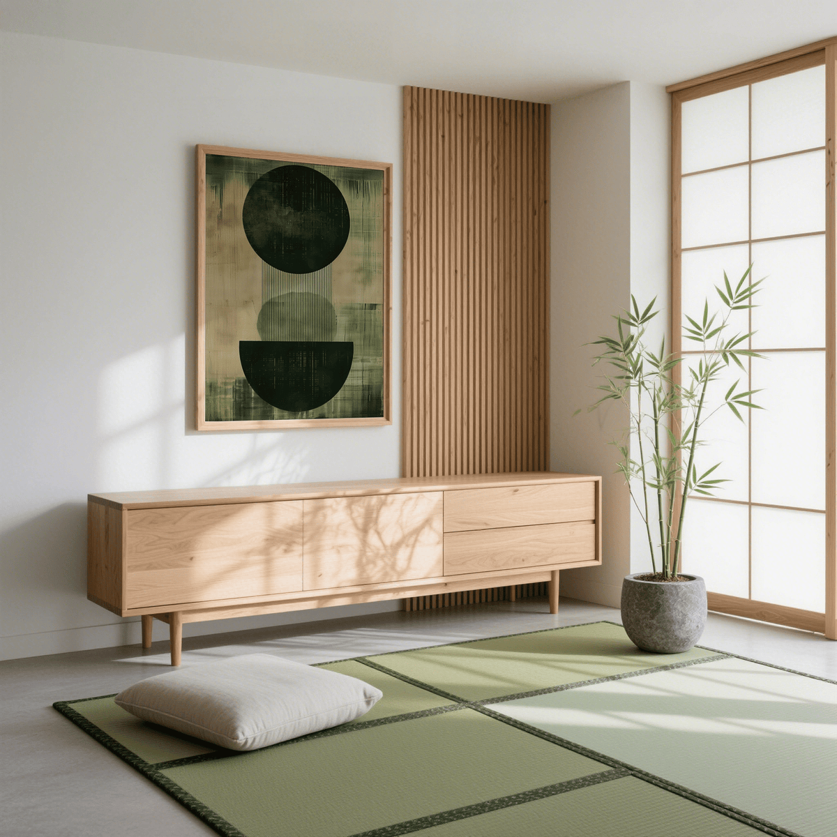 Green Wabi Sabi Print poster for modern living space, main colors green and beige