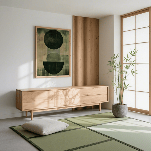 Green Wabi Sabi Print poster for modern living space, main colors green and beige