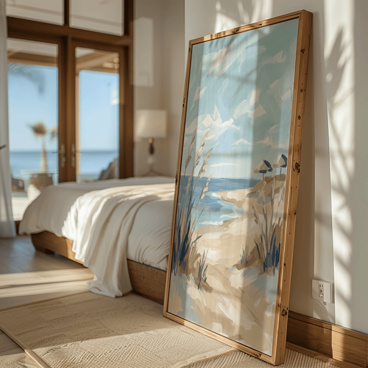 Beach Landscape Art Print wall art for minimalist bedroom in Blue