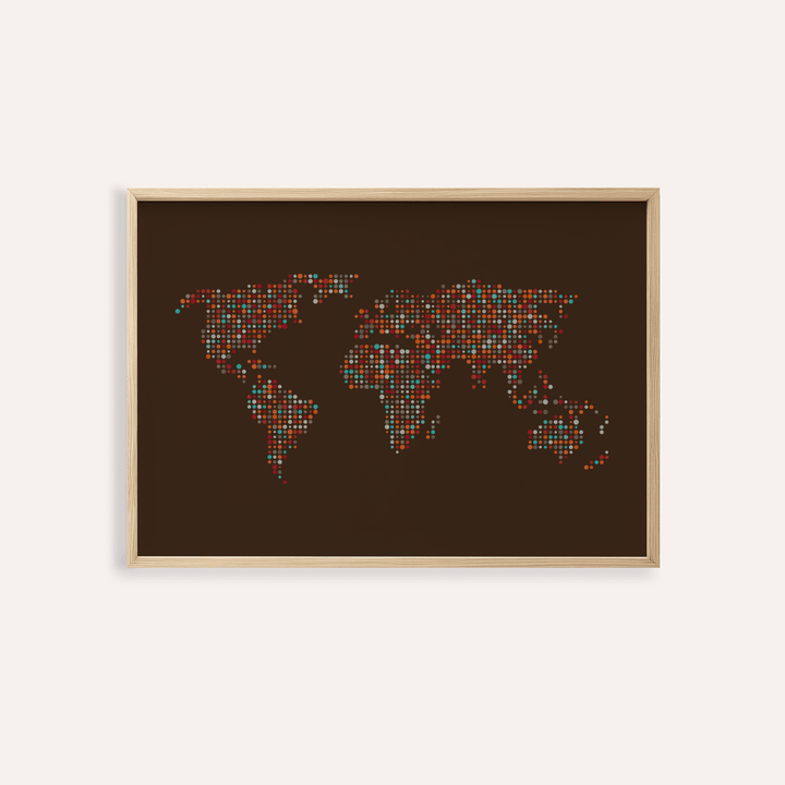 Map of the World Poster brown orange blue colors living room wall art