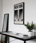 Typography-led city print showing NEW YORK header and architectural ribs