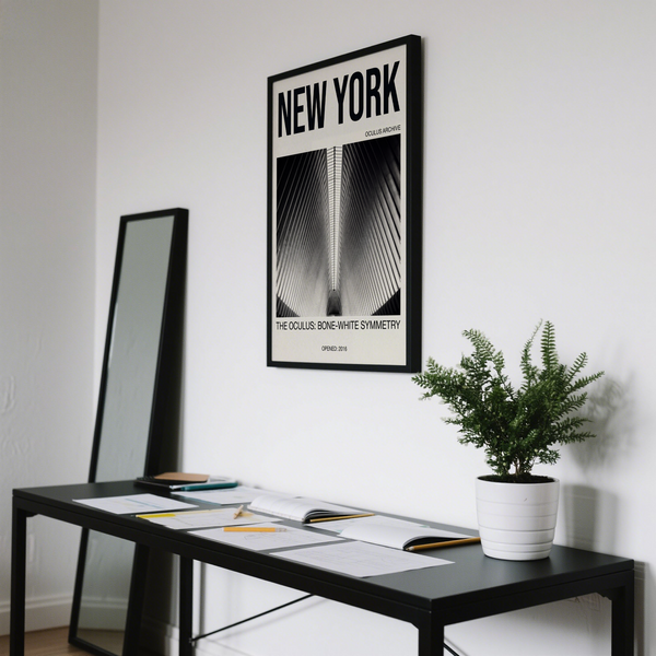 Typography-led city print showing NEW YORK header and architectural ribs