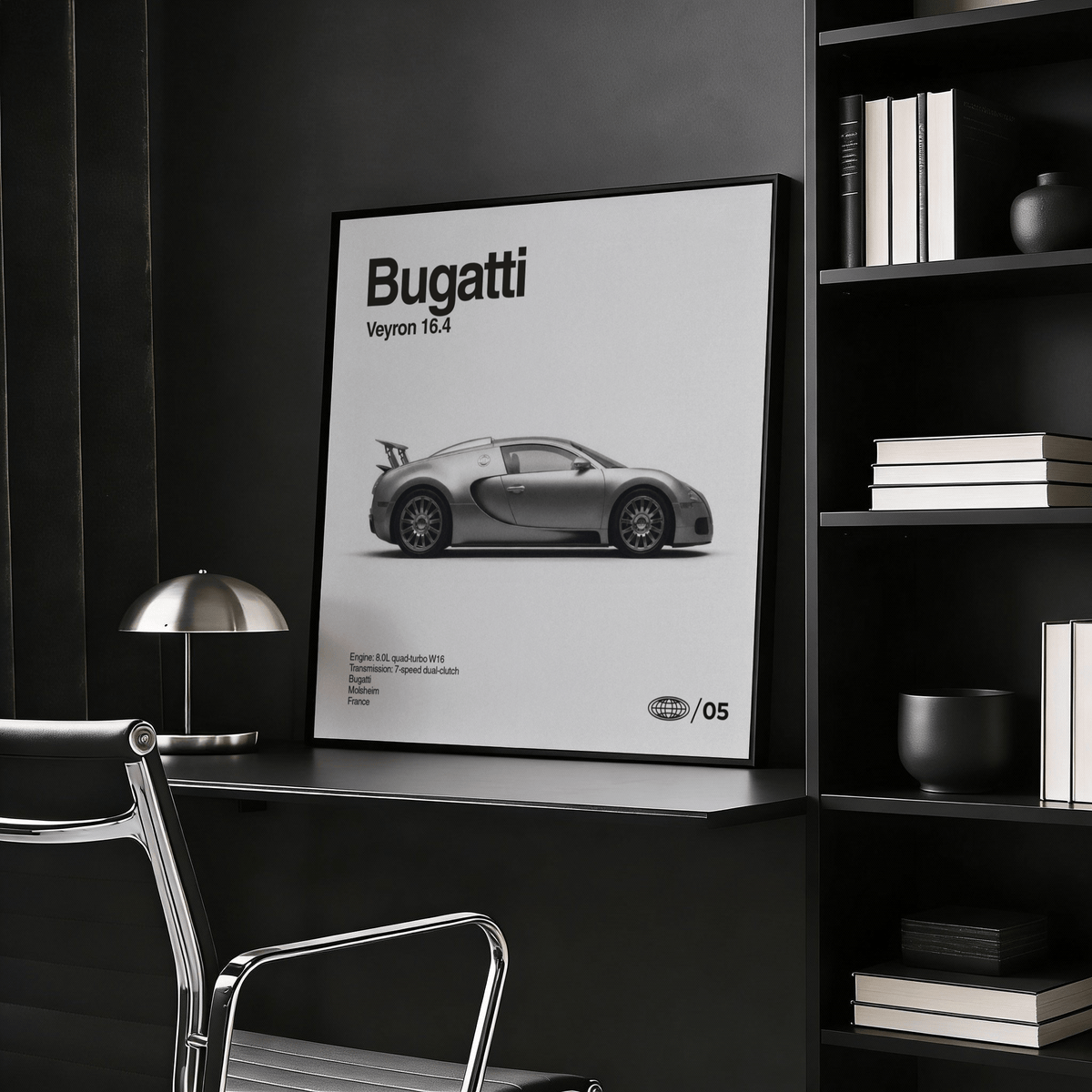 Gray Bugatti Veyron Car Print art for office decor, black and white tones
