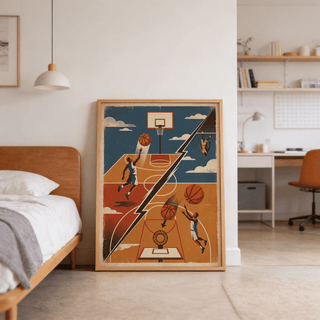 Basketball Art Print featuring two courts, floating balls, and a textured poster look