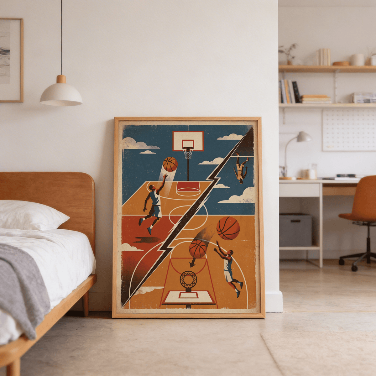 Basketball Art Print featuring two courts, floating balls, and a textured poster look