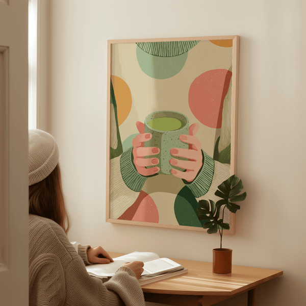 Cozy Matcha Art art print with green highlights for calming workspace