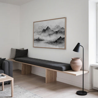 Traditional Asian mountain landscape in monochrome, black and white landscape print.