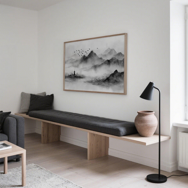 Traditional Asian mountain landscape in monochrome, black and white landscape print.