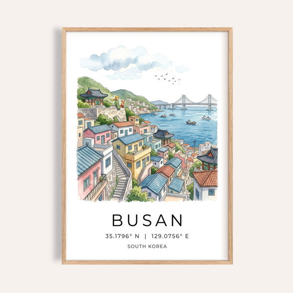 Illustrated Busan coastal hillside poster with bridge and boats
