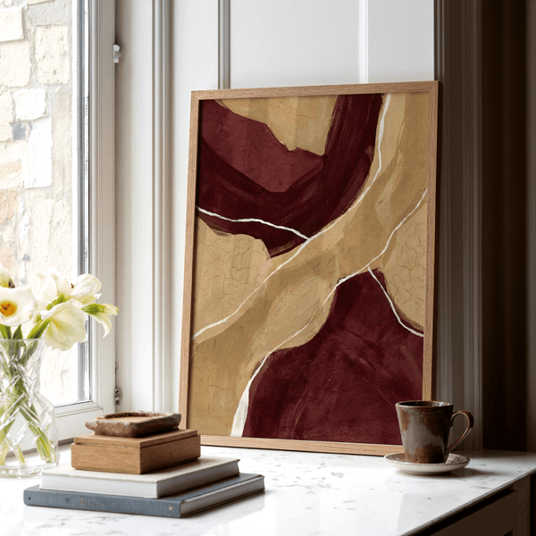 Neutral Organic Abstract Art poster with earthy Red, Brown, Beige, White tones suitable for bedroom
