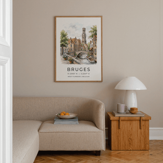 Watercolor travel poster of Bruges canal scene with gabled roofs and cobblestone bridge