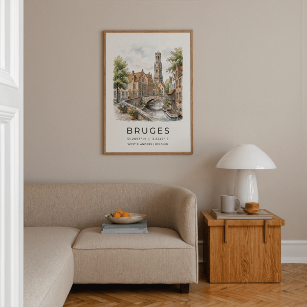 Watercolor travel poster of Bruges canal scene with gabled roofs and cobblestone bridge