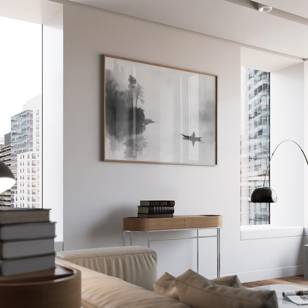 A boatman on a still lake in traditional ink style, Japanese fisherman wall art.