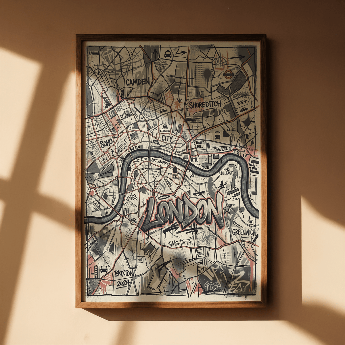 Graffiti-style city map illustration of Camden and Soho streets