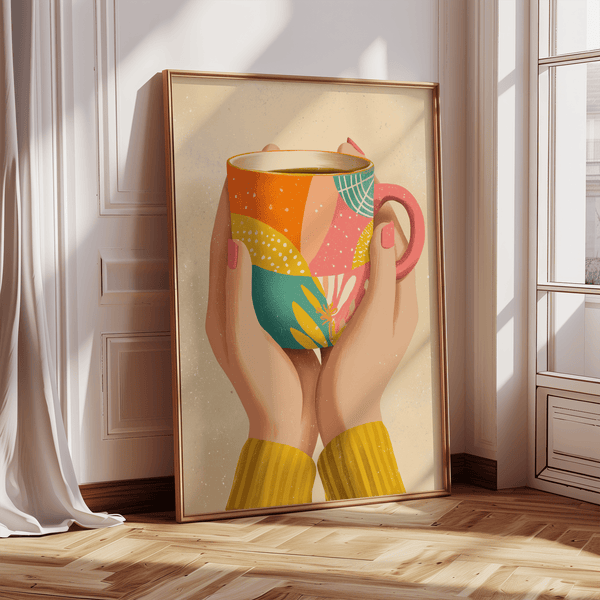 Modern Colorful Coffee Mug Art wall art in beige and orange tones for dining area