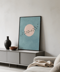 Wall Art Birds modern print, pink circle on blue for entryway decor
