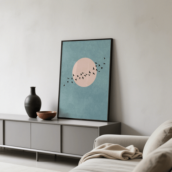 Wall Art Birds modern print, pink circle on blue for entryway decor