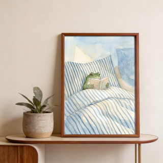 Whimsical Frog Reading in Bed Print poster with striped bedding