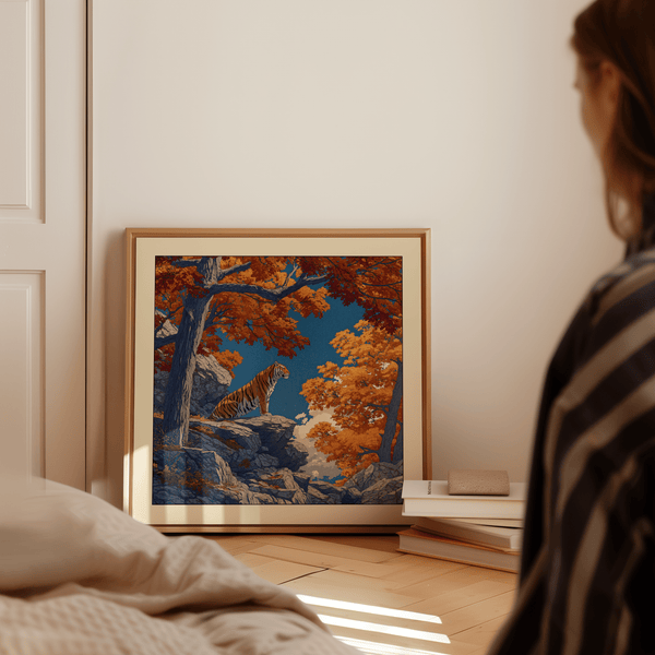 Room scene display of tiger cliff illustration poster with tree trunks and canopy framing