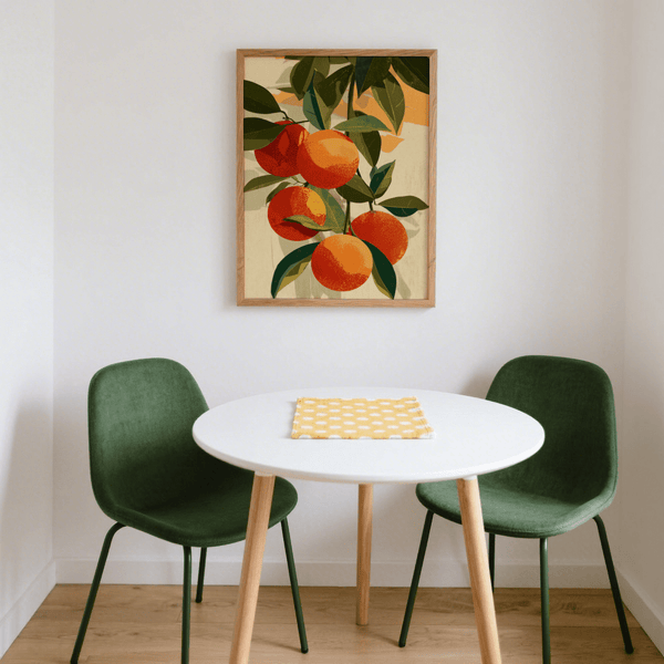 Fruit Art Print oranges with green, yellow accents for modern kitchen poster