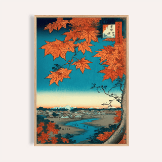 Japanese Landscape Art Print with orange maple leaves in a living room wall art
