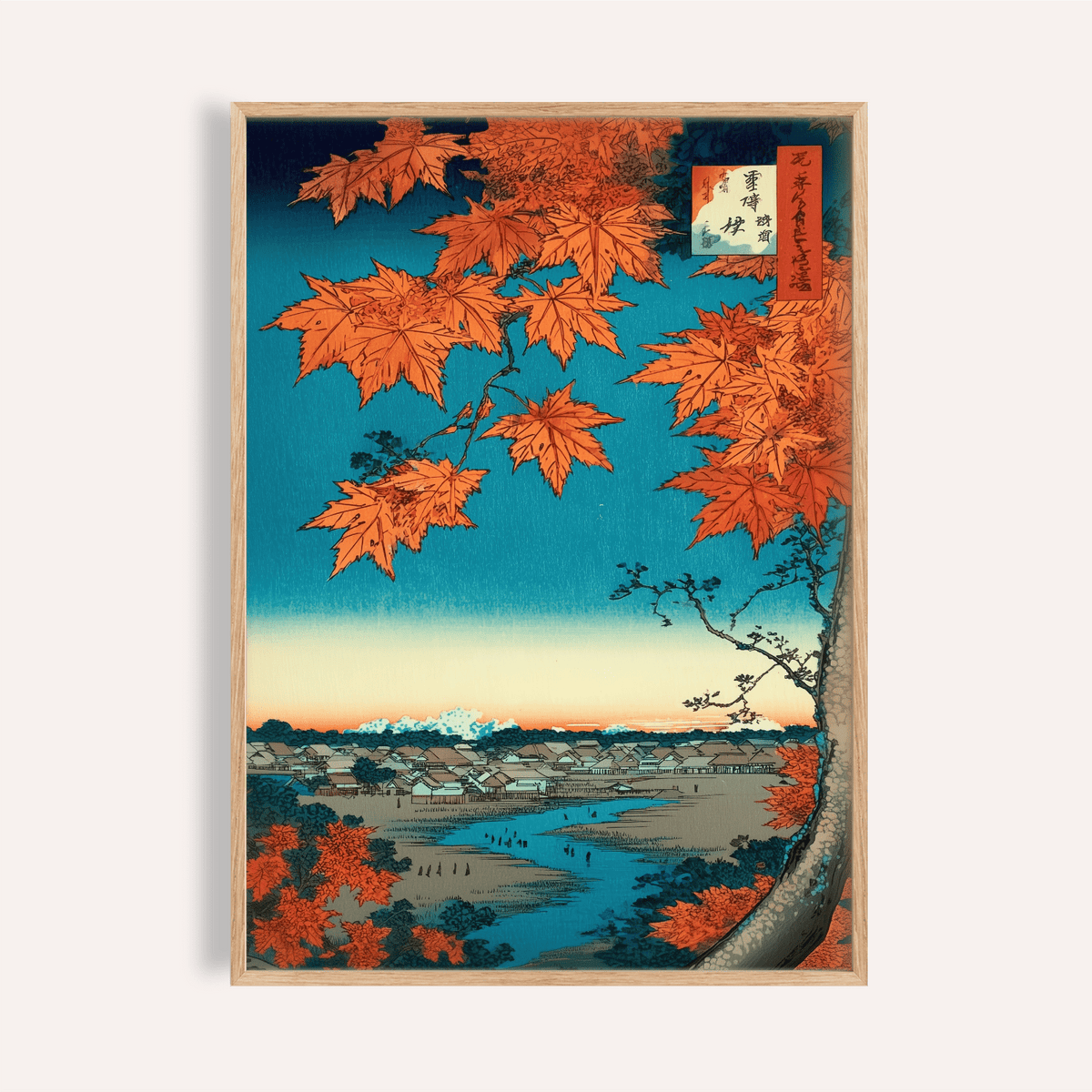 Japanese Landscape Art Print with orange maple leaves in a living room wall art