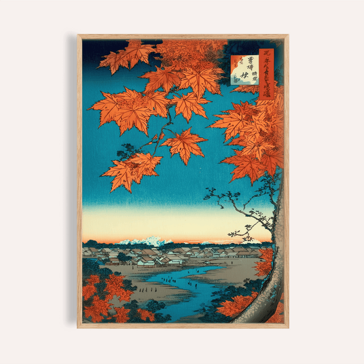 Japanese Landscape Art Print with orange maple leaves in a living room wall art